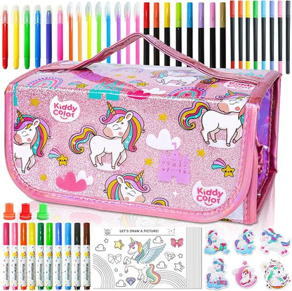 KIDDYCOLOR Unicorn Washable Markers Set 69 pcs with Glitter Pencil Case - Arts and Crafts Coloring Kit for Kids Ages 4-8, Includes Unicorn Stickers - Perfect Gifts for Girls