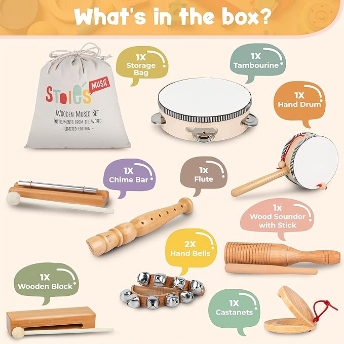 Stoie's Wooden Toddler Musical Instruments with Drum, Hand Bells, Flute, Maracas, Castanet, Tamburine, for Babies and Kids, Eco Friendly Montessori Educational Toy