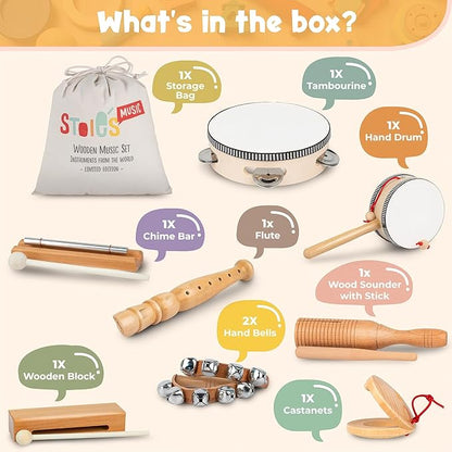Stoie's Wooden Toddler Musical Instruments with Drum, Hand Bells, Flute, Maracas, Castanet, Tamburine, for Babies and Kids, Eco Friendly Montessori Educational Toy