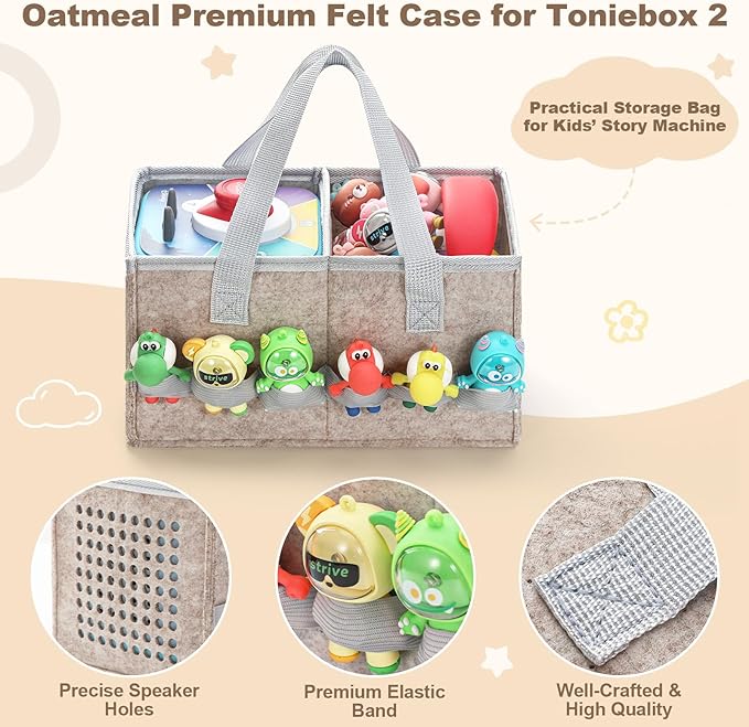 PISOSN Carrying Case for Toniebox Starter Set and Tonies Figurines, Travel Felt Cloth Musical Toy Folding Bag for Toniebox 2 & Accessories (Oatmeal)
