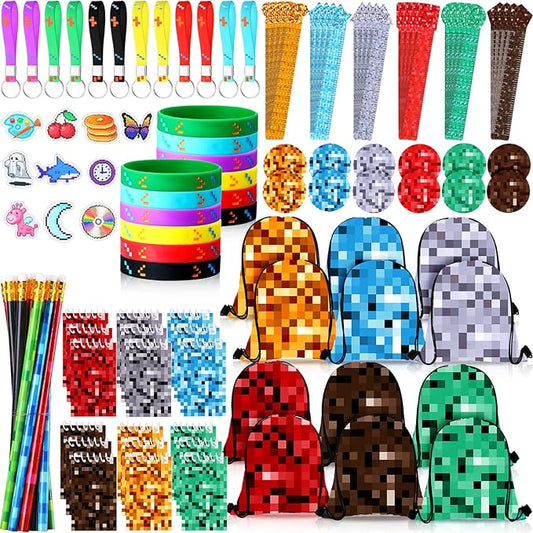 Paterr 103 Pcs pixel Birthday Party Favor Supplies Include Drawstring Bags Silicone Bracelets Badge Buttons Spiral Notebooks Pencils Bookmarks and Stickers for Carnival Prizes Gift Decorations