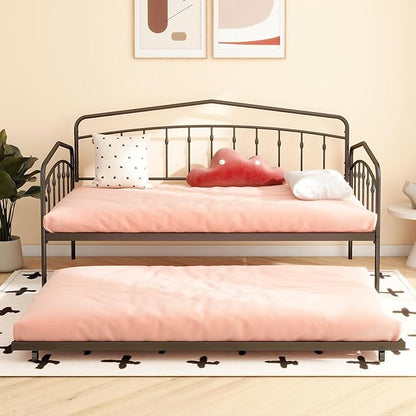Christopher Knight Home Fox Twin Daybed with Trundle, Metal Sofa Bed Set, Rollaway Daybed Couch Bed Frame for Bedroom Living Room Guest Room, Elegant and Simple Style, Anti-Noise, Easy Assembly, Black