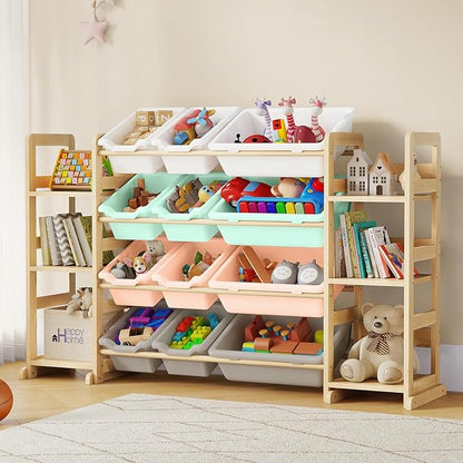 EXPERLAM Extra Large Toy Storage - Toy Storage Organizer, Wooden Toy Organizer with 6 Side Shelves and 12 Bins, 3-in-1 Bookshelf for Kids Rooms, Playroom, Nursery, Multi Color