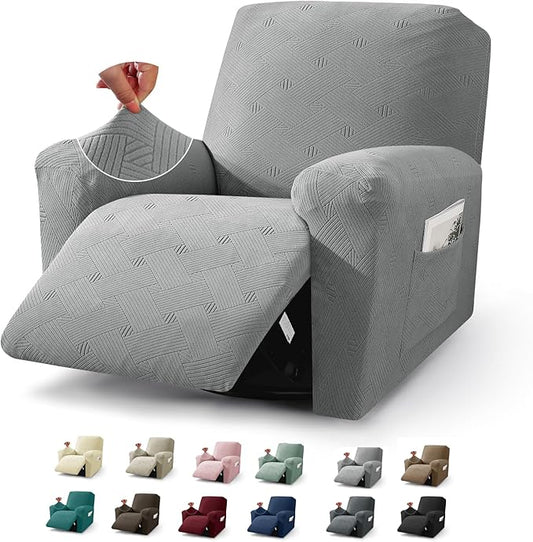JIVINER Recliner Chair Covers, Jacquard 3 Piece Slipcovers for Recliner Chair Soft Stretch Lazy Boy 1 Seater Reclining Protector with Pockets (Recliner, Light Grey)