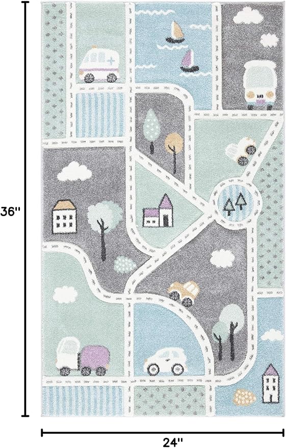 SAFAVIEH Carousel Kids Collection Accent Rug - 2' x 3', Grey & Light Blue, Non-Shedding & Easy Care, Ideal for High Traffic Areas for Boys & Girls in Playroom, Nursery, Bedroom (CRK193F)