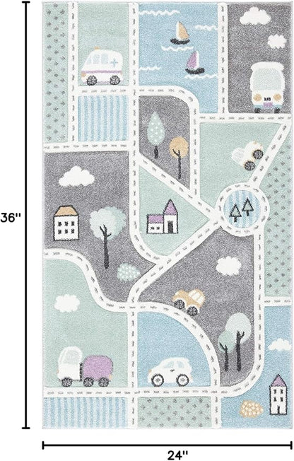 SAFAVIEH Carousel Kids Collection Accent Rug - 2' x 3', Grey & Light Blue, Non-Shedding & Easy Care, Ideal for High Traffic Areas for Boys & Girls in Playroom, Nursery, Bedroom (CRK193F)