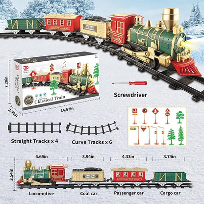 JUQU Train Set-Electric Train Sets for Boys Toddlers Classical Train Toys,Battery-Powered Locomotive Engine with Sound and Lights, 3 Cars &10 Tracks, Christmas Toy Train for Age 3 4 5 6 Years Old Kids