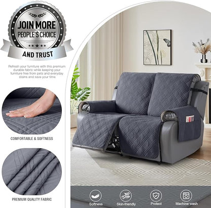 TAOCOCO 100% Waterproof Loveseat Recliner Cover, Non Slip Split Recliner Couch Covers for 2 Cushion Couch with Elastic Straps, Washable Recliner Chair/Furniture Protector for Pets(2 Seater, Dark Grey)