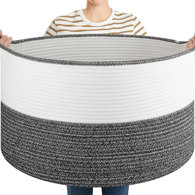 OIASKET Large Blanket Basket with Handles, 22.8" x 22.8" x 13" Woven Storage Basket for Living Room, Cotton Rope Baby Toy Storage for Clothes, Pillows, Towels-Black & White