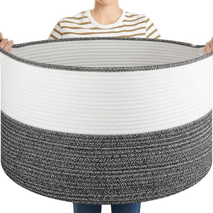 OIASKET Large Blanket Basket with Handles, 22.8" x 22.8" x 13" Woven Storage Basket for Living Room, Cotton Rope Baby Toy Storage for Clothes, Pillows, Towels-Black & White