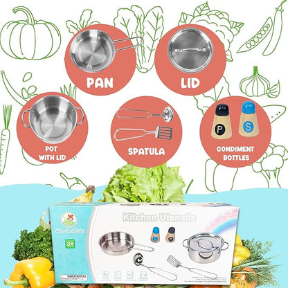 Kids Play Kitchen Toys, Stainless Steel Kitchen Utensils, Pretend Play Kitchen Accessories, Montessori Learning Toy for Toddlers 1-3