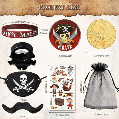 144 Pcs Pirate Party Favors Supplies Include Pirate Bracelet Nautical Tattoo Button Pin Eye Patch Gold Coin Gem Ring Mustache Organza Bag for Kids Boy Pirate Birthday Party Goodie Bag Fillers