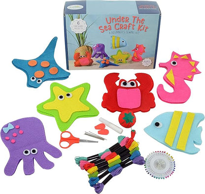 Kid Craft Felt Kit - 6 Cute Sea Animals Beginners Sewing Kits - Little Kids Ages 7 to 12 - Easy Childrens First Sew Kit - Great for Travel - Fun Beginning DIY Crafting for Girls and Boys