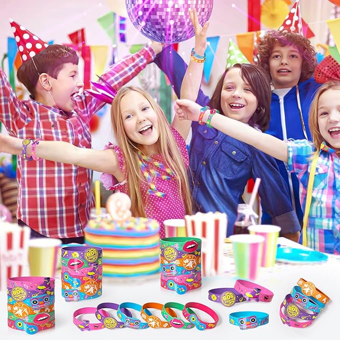 24 Pcs 90s 80s Party Favors Birthdays Supplies Silicone Bracelets Toy Gift Kid Teen Retro Classroom Prize Adult Disco Christmas Easter Hip Hop 80s Accessories 90s Theme Party Decorations