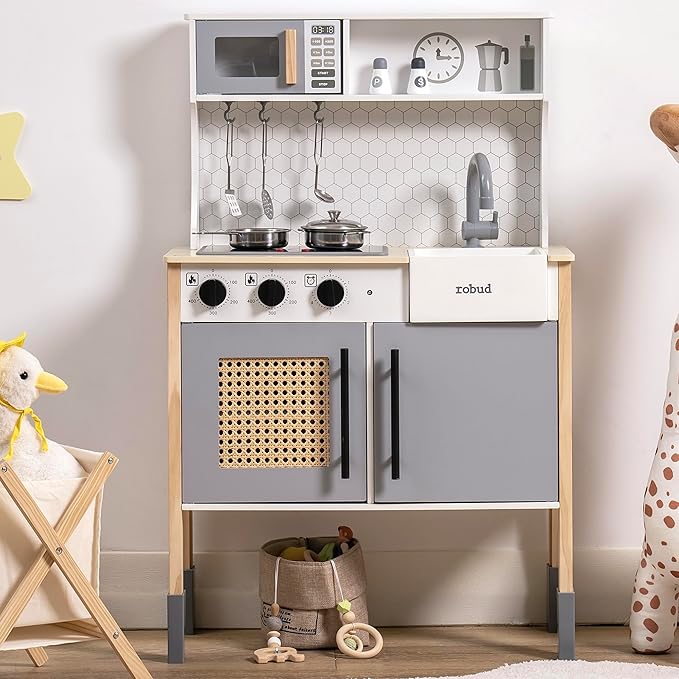 ROBUD Play Kitchen for Kids, Wooden Play Kitchen Set with Sounds & Lights, Modern Vintage Pretend Play Kitchen Set for Toddlers, Gift for Boys & Girls, 3+ (Gray)