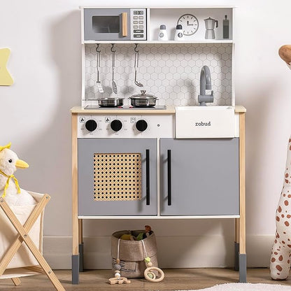 ROBUD Play Kitchen for Kids, Wooden Play Kitchen Set with Sounds & Lights, Modern Vintage Pretend Play Kitchen Set for Toddlers, Gift for Boys & Girls, 3+ (Gray)