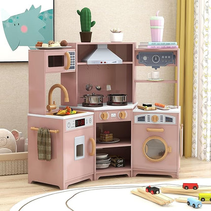 TaoHFE Play Kitchen with Lights and Sounds Pink Kids Kitchen Toddler Kitchen Set with Washer Chalkboard Wooden Kitchen Kids Playset with Washing Machine Range Hood Girls Boys Gift for Ages 3+