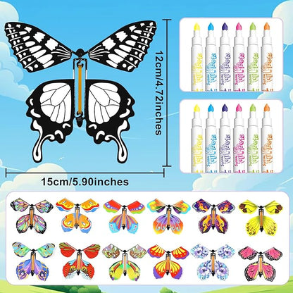 SANYIYIBA 24 Pack Flying Butterfly Craft Kit with 12 Wind Up Butterflies and 12 Color Pens - DIY Toys for Kids' Parties School Activities and Parent-Child Fun