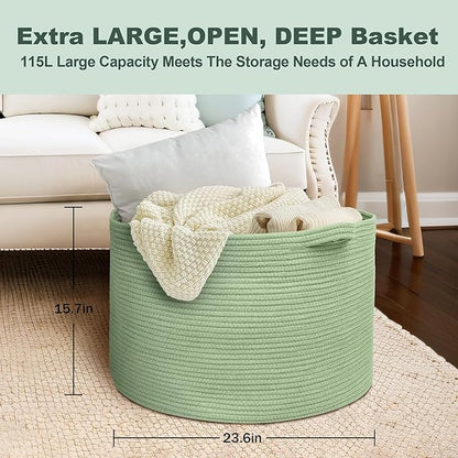 MEGASKET 115L Oversized Green Basket, 23.6"x15.7" Woven Cotton Rope Bin for Blankets, Nursery Wicker Laundry Hamper, Kids Toy Storage Bin, Sage Green Living Room Bedroom Decor Baskets for Organizing