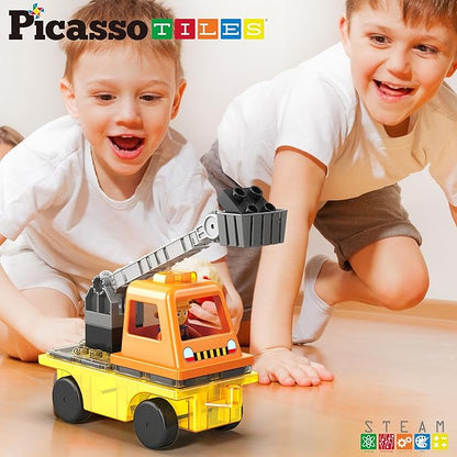 PicassoTiles Magnet Tile Building Blocks 3-in-1 Crane, Dump Truck, and Ladder Construction Vehicle Brick Compatible Magnetic Tiles Toy Set with Car Base Character Action STEM Learning Kit Age 3+ PTU03