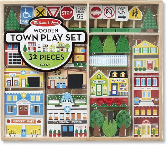 Melissa & Doug Wooden Town Play Set With Storage Tray (32 pcs) Pretend Play Wooden Town Set For Kids With Storage