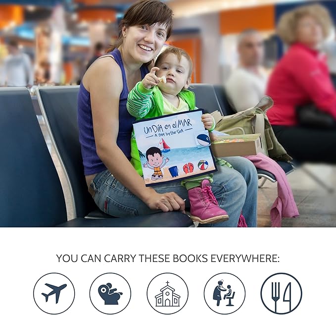 Bilingual Quiet Book for 18 months Babies Boys and Girls | Written in English and Spanish | 1 Plush Toy Included | Sensorial Felt Book for Babies | Carry on Travel Toy | Preschool and Early Learning.