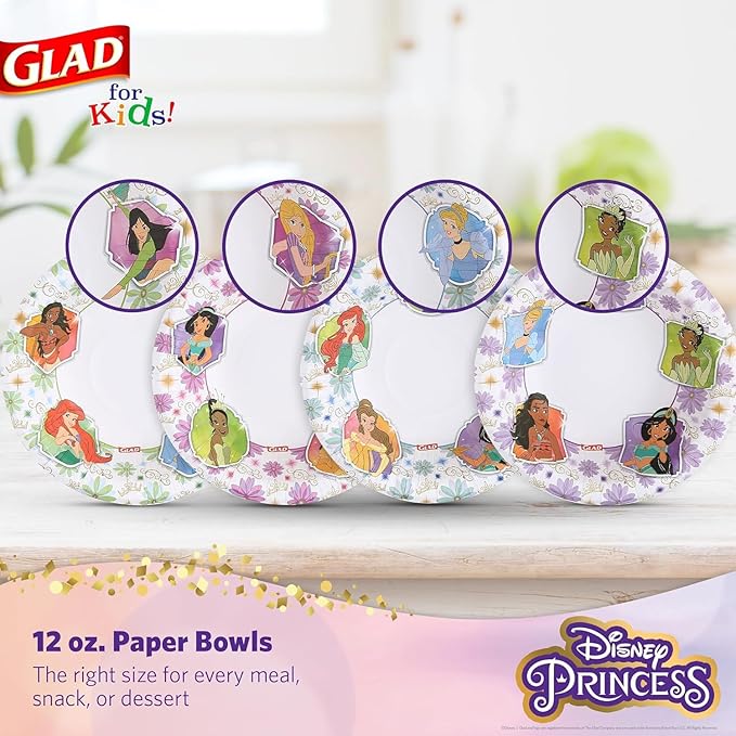 Glad for Kids Disney Princess 12oz Paper Bowls Disney Princess Paper Bowls, Kids Bowls, Kid-Friendly Paper Bowls for Everyday Use, 12oz Paper Bowls, 40 Count - 8 Pack