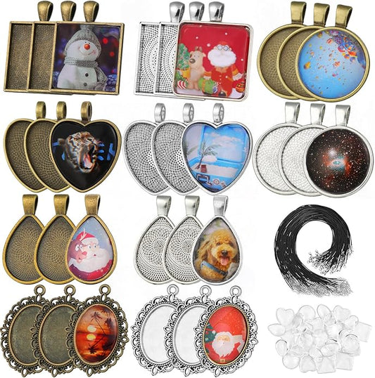 Bezel Pendant Trays Gold and Sliver, Rhinestone Bezel Pendants Trays for DIY Jewelry Craft Making, Picture Necklace Pendant Trays with Clear Glass Cabochons and Chains