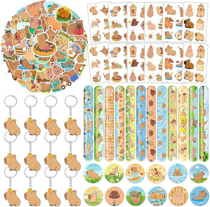 98 PCS Capybara Party Favors, Capybara Temporary Tattoos, Slap Bracelets, Keychains, Stickers, and Badges for Kids Capybara Birthday Party Decorations and Classroom Rewards