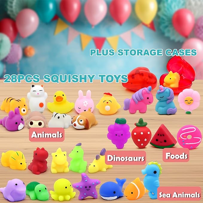 28 Pack Mochi Squishy Toys, Party Favors for Kids Ages 4-8-12, Mini Fidget Toys for Classroom, Birthday, Easter, Treasure Box Prizes, Goodie Bag Stuffers