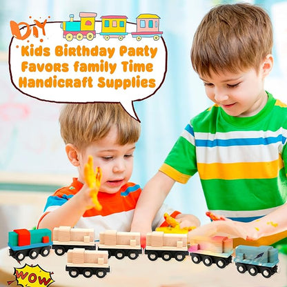 12 Pcs Wooden Trains Toys Unpainted Wood Train Cars Weak Magnetic Suction Paintable Wooden Railway for Kids Educational Toys Birthday Christmas Party Gifts (Style Set 2)