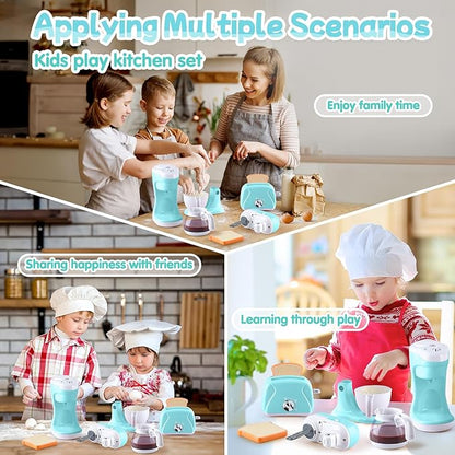 Kitchen Appliances Toys, Kids Play Kitchen Accessories Set, Pretend Kitchen Toys for Kids Ages 4-8, Coffee Maker, Mixer, Toaster with Realistic Lights & Sounds, Gift for Girls Ages 3+