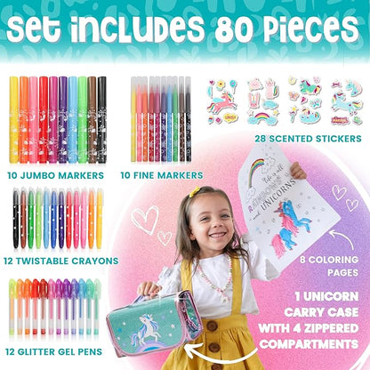 Amitié Lane Silly Scented Markers For Kids. Arts & Crafts Unicorn Gifts for Girls 6-8. Fun Kids Toys For Girls that includes Unicorn Markers, Crayons, Stickers and Carrying Case.