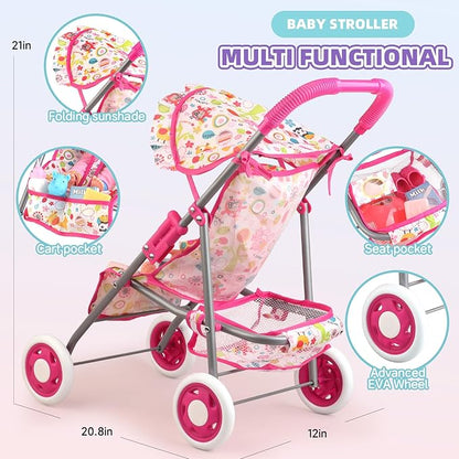 Baby Doll Stroller Set Toys for Girls Toddlers 3-5 4-6 Gifts,Baby Doll Set with 12.5 inch Doll,1 Baby Dining Chair,20 PCS Baby Doll Accessories and 2 Sets Doll Clothes for Realistic Pretend Play