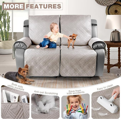 TAOCOCO 100% Waterproof Oversized Loveseat Recliner Cover, Non Slip Split Loveseat Covers for Reclining Loveseat with Elastic Straps for Kids Pets(Oversized 2 Seater, Cream)