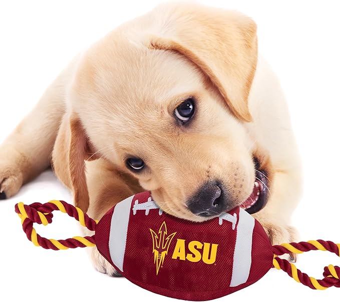 Pets First Arizona State Football Dog Toy, Tough Quality Nylon Materials, Strong Pull Ropes, Inner Squeaker, Collegiate Team Color