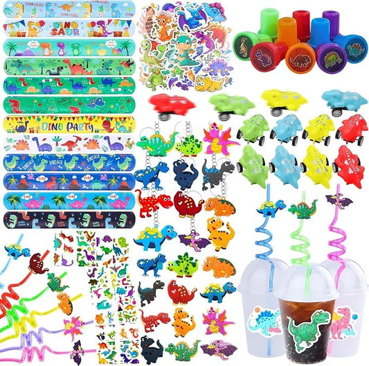 194Pcs Dinosaur party favors Dinosaur Rings for Boy Kids Party Supplies Dinosaur slap Bracelet Tattoos Keychains Dinosaur Theme Party supplies for Birthday party goodie bag Fillers