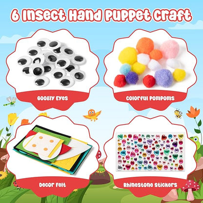 WATINC 6Pcs Hand Puppet Making Kit, Art Craft Felt Sock Puppet Toys, Creative DIY Make Your Own Pompoms Wiggle Googly Eyes Storytelling Role Play Party Supplies Gift for Girls Boys (Insect)