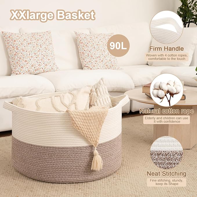 OIAHOMY 90L XXXLarge Blanket Basket for Living Room, 21.7" x 13.8" Woven Cotton Rope Laundry Basket for Organizing Pillows, Decorative Stuffed Animal Toy Storage Bin for Nursery, White and Linen Brown