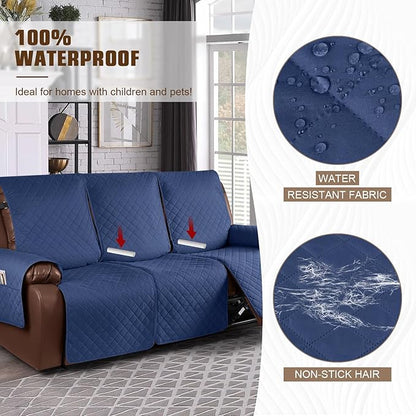 KinCam Waterproof Recliner Sofa Cover, Non-Slip Reclining Couch Covers for 3 Seat, Recliner Couch Cover Furniture Protector with Elastic Straps for Pets, Kids, Blue