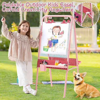 FUNLIO Foldable Outdoor Easel for Kids Aged 3+, Waterproof & Sunproof Kids Easel with 2 Acrylic Boards, Double-Sided Kids Easel with 21 pcs Accessories, Portable & Stable - Pink