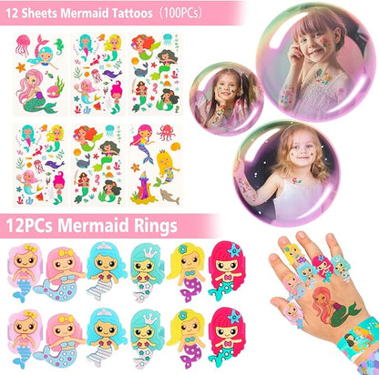 102Pcs Mermaid Party Favors Mermaid Bags Mermaid Slap Bracelets Rings Keychain Mermaid Hair Rings Temporary Tattoos Stickers for Kids Birthday Party Supplies Mermaid Goodie Bag Fillers