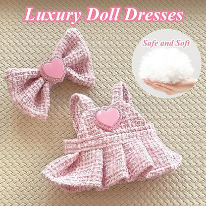 6.7in/17cm Doll Clothes Set(NO Doll), 5 Pcs Outfit Set Includes Premium Fashion Dresses & Bow Hairpin & Glasses & Cute Rabbit Charm & Shoes, Luxury Chic Doll Clothing Accessories (Pink-5PCS)
