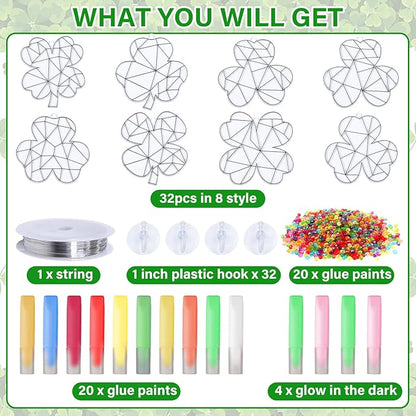 Qyeahkj 32 Sets St. Patrick's Day Suncatcher Crafts Kit for Kids DIY Shamrock Window Paint Suncatcher Arts Crafts Window Ornament Decor for St. Patrick's Day Gift Classroom Art Project Gift Favor