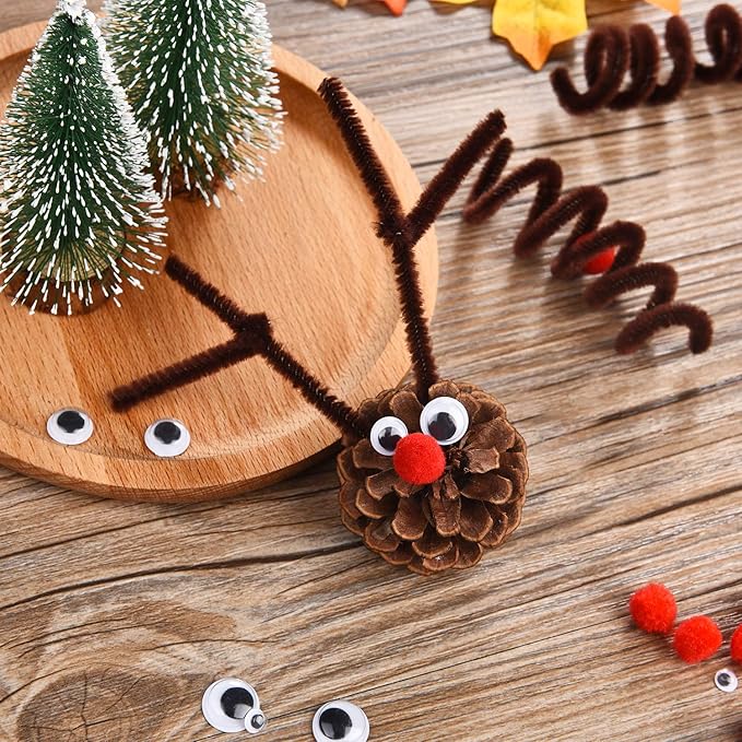 150 Pieces Brown Pipe Cleaners Chenille Stems, 150 Red Pom Poms Assorted Size Craft Pompoms and 300 Wiggle Googly Eyes with Self-Adhesive Back for Christmas Reindeer Crafts DIY Making