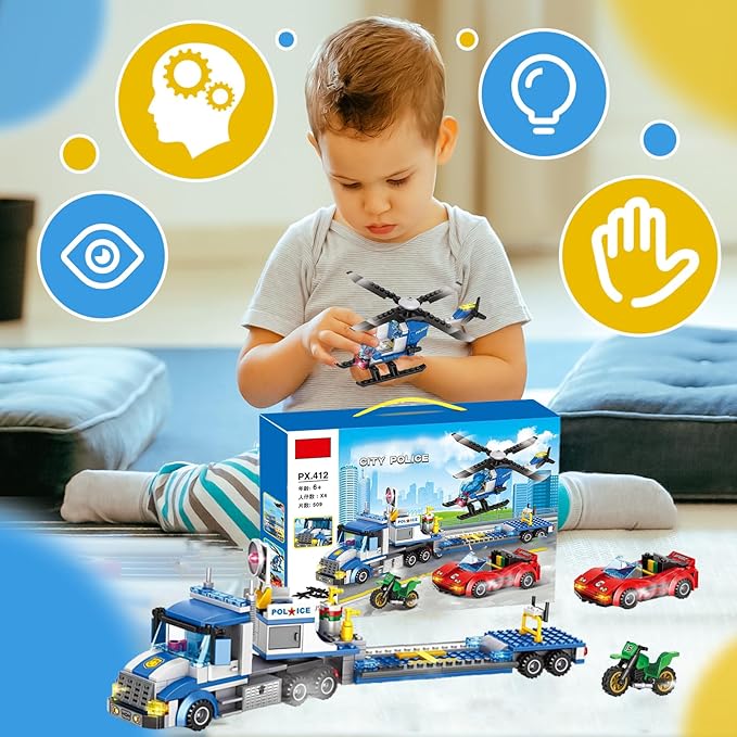 City Police Car, Motorcycle,Truck and Trailer&Helicopter Building Block Sets(509pcs),Police Chase Toy Set,Gift for Kids and audlts