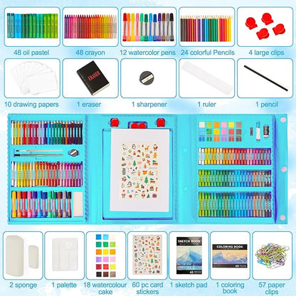 KINSPORY Art Kit, 290 Pack Art Sets Crafts Drawing Coloring kit, Double-Side Trifold Easel, Oil Pastels, Crayons, Colored Pencils, Creative Gift for Beginners Artists Girls Boys Kids (Blue)