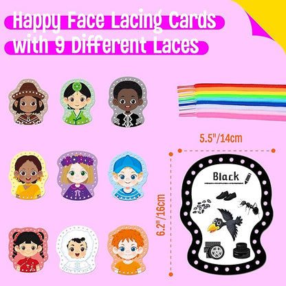 9 Pieces Happy Face Lacing Cards, 9 Double Sided Color Sewing Cards with 9 Colorful Laces, Educational & Learning Activity Games, Imagination Development Lacing Toys for Preschoolers, Kids