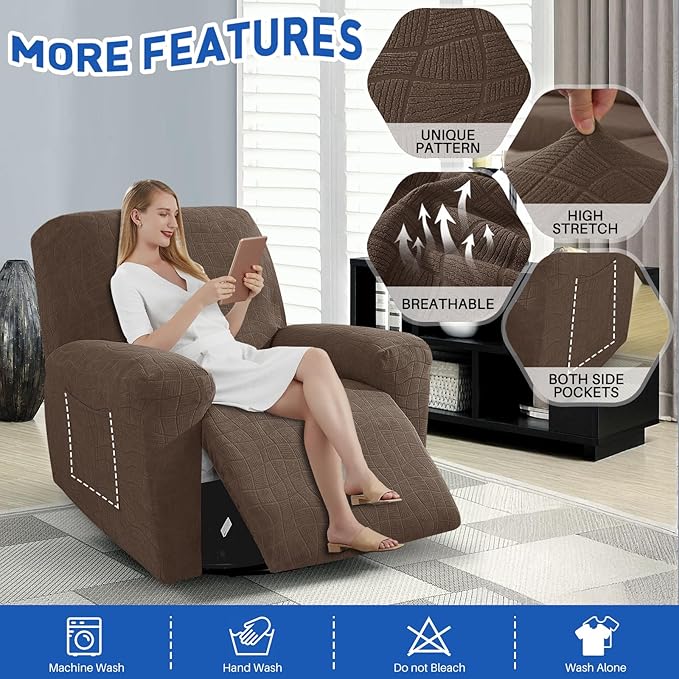 MAXIJIN Waterproof Recliner Chair Covers 3 Pieces Recliner Cover That Stay in Place, Washable Lazy Boy Recliner Slipcovers with Pockets Reclining Protector for Pet, Kids (Recliner, Light Coffee)