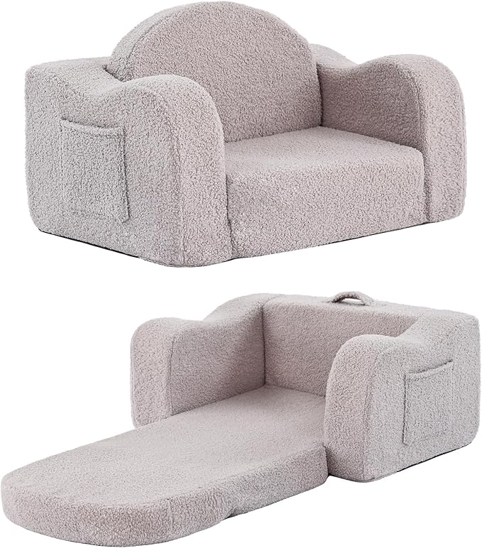 Tiita Kids Sofa, 2-in-1 Kids Sofa Chair, Convertible Chirldren Couch to Lounger, Flip Out Kids Sofa Chair, Toddler Armrest Chair Bed, Folding Kids Play Sofa for Girl or Boy, Grey